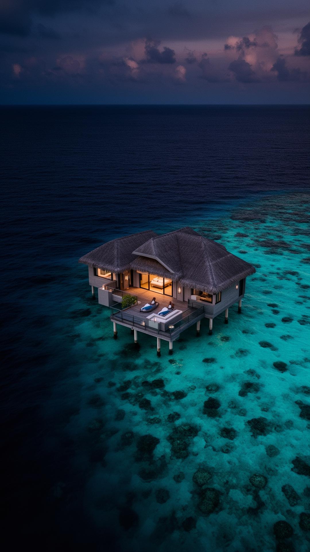 Приватне overwater bungalow на Мальдівах у годину синіх сутінків